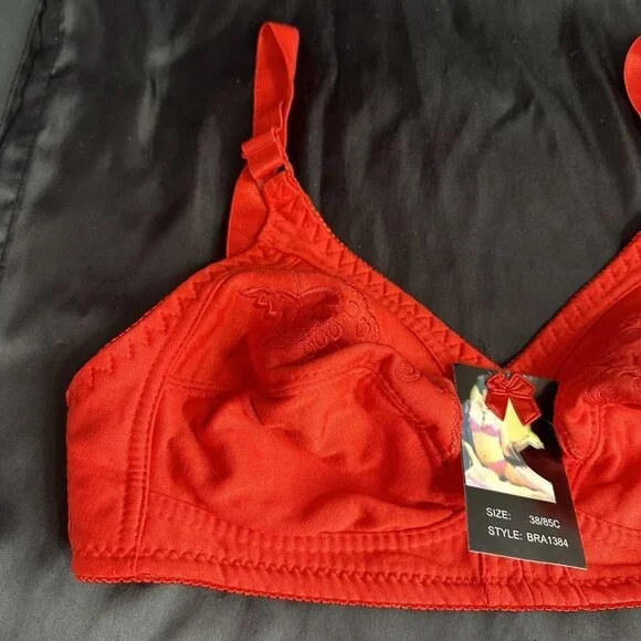Red Bra 28C No Underwire Soft Comfortable Fit With Embroidered Floral Grapes - Picture 2 of 10
